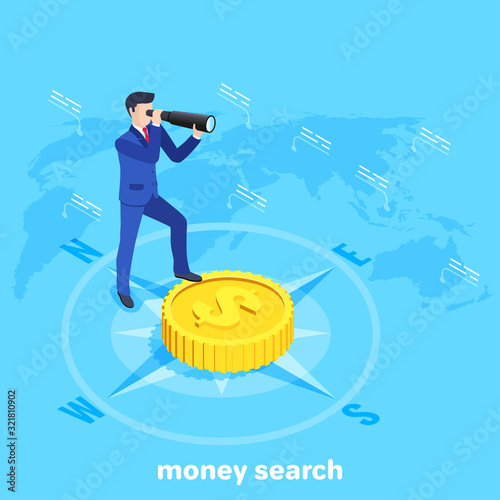 isometric vector image on a blue background, a man in a business suit looks through a telescope while standing on a large gold coin, searching for solutions in business and money search