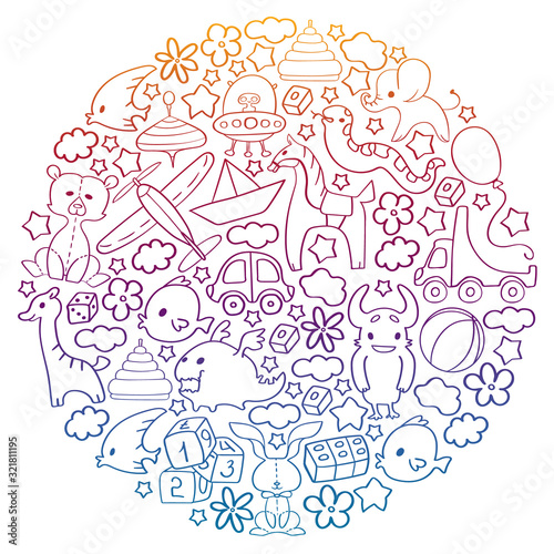 Vector pattern with children toys. Kindergarten elements in doodle style for little kids. Education, play, grow