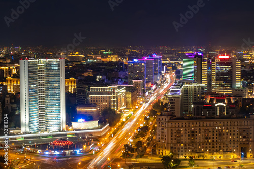 Moscow. Russia. Night Moscow with a quadcopter. Cars in the night city. Russia night. Moscow roads. Highlighting buildings in the capital. Trip to the Russian Federation. Cities of Russia.