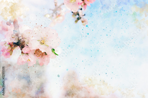 watercolor style and abstract image of cherry tree flowers