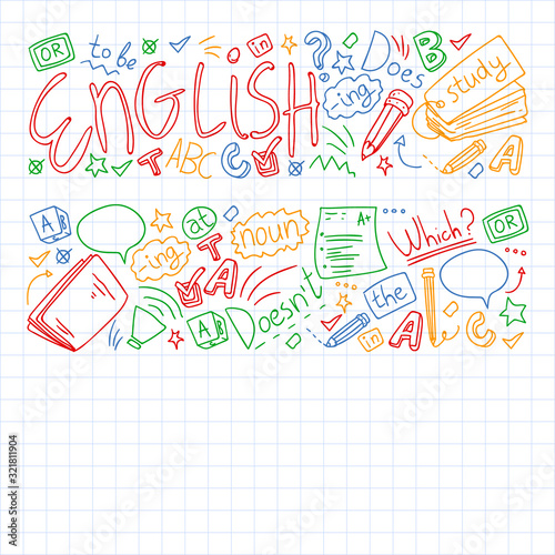 English courses. Doodle vector concept illustration of learning english language.