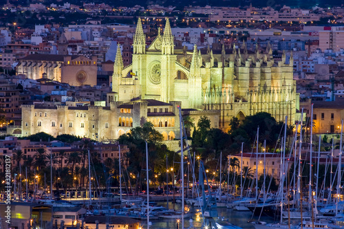 View on harbour, old town and cathedral, Palma, Majorca, Spain, Europe