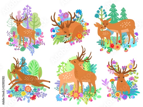 Deer cute animal cartoon set flat style vector illustration. Deers rest and activity life isolated on white