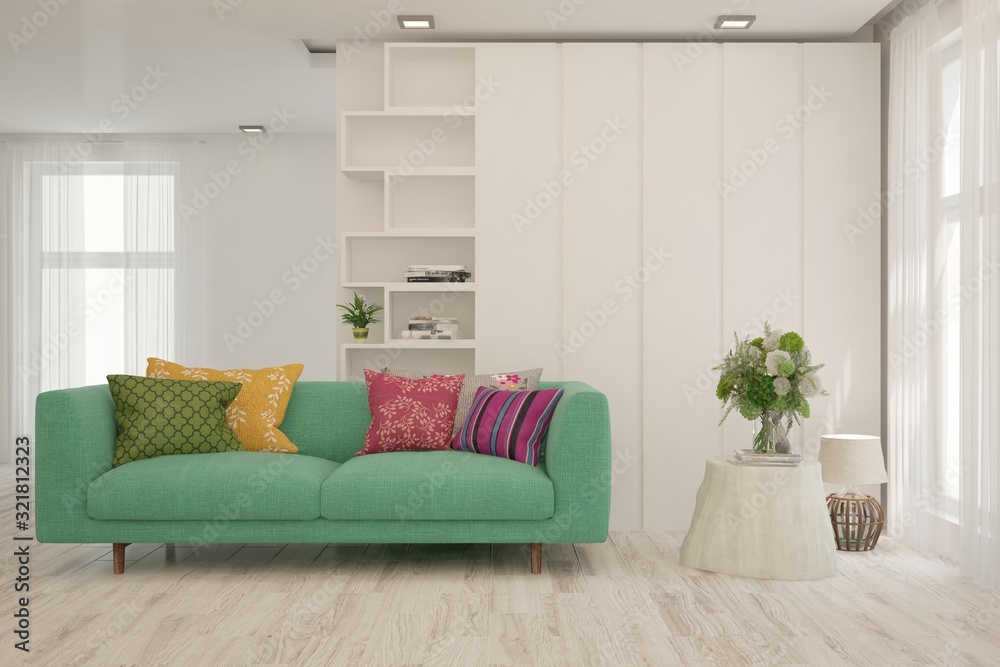 Fototapeta premium Stylish room in white color with sofa. Scandinavian interior design. 3D illustration