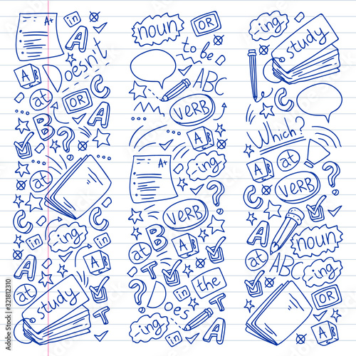 English courses. Doodle vector concept illustration of learning english language.