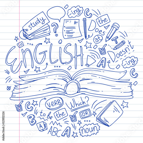 English courses. Doodle vector concept illustration of learning english language.