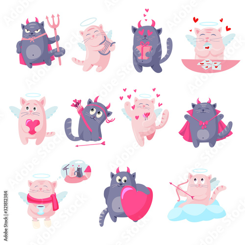 Cat devil cupid angel cartoon characters Valentine Day vector illustration. Funny cat angels and demons cupids