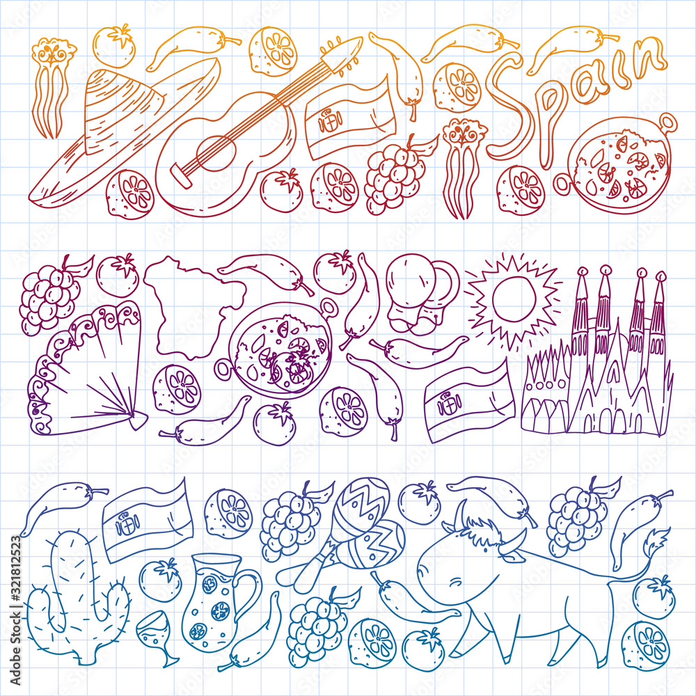 Spain vector pattern. Spanish traditional symbols and objects. Spain vector pattern. Spanish traditional symbols and objects.