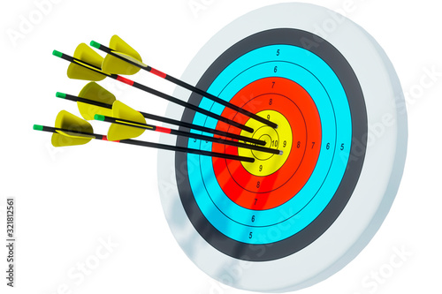 Archery target. All arrows are right on target. 3D render. Isolate