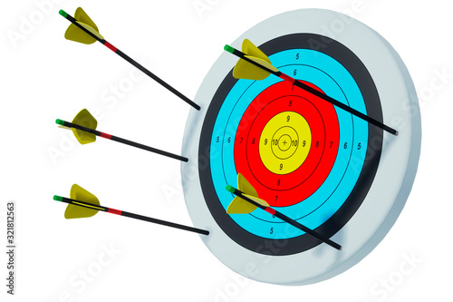 Archery target. All arrows are past the target. 3D render. Isolate