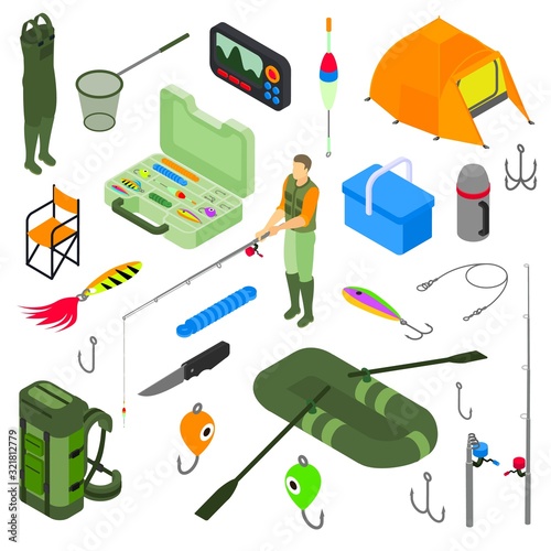 Fishing isometric activity set vector illustration. Fisherman in robber boots with fish rod isolated on white