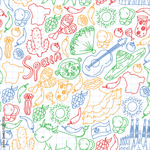 Spain vector pattern. Spanish traditional symbols and objects.