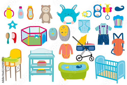 Baby boy kid kit vector illustration. Babies toys, clothes and bath newborn care collection flat style isolated on white