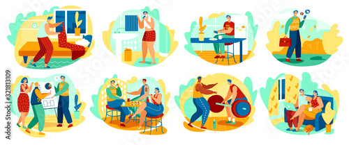 Daily routine of man hand draw character vector illustration. One day of life average man, morning hygiene, work in office, workout in gym and spend time with friends. Scenes from everyday mans life