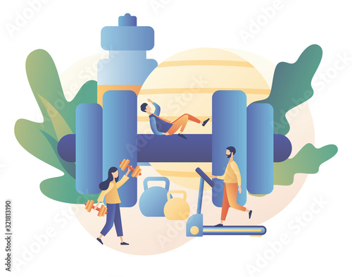 Fitness blog and Workout app concept. Tiny people are sport training. Active lifestyle and fitness training. Modern flat cartoon style. Vector illustration on white background