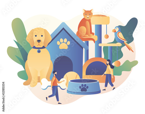 Pets care services. Tiny people and Pet hotel, daycare, veterinary service. Pet shop. Modern flat cartoon style. Vector illustration on white background