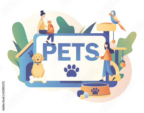 Online pets care services. Tiny people and Pet hotel, daycare, veterinary service. Pet shop. Modern flat cartoon style. Vector illustration on white background
