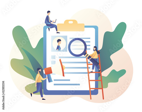 Job hiring and job search concept. Headhunting. We are Hiring. Tiny people interviewed for job. Modern flat cartoon style. Vector illustration on white background