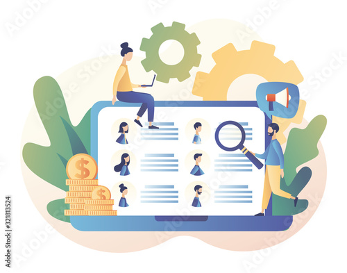 Job hiring and job search concept. Headhunting. We are Hiring. Tiny people interviewed for job. Modern flat cartoon style. Vector illustration on white background
