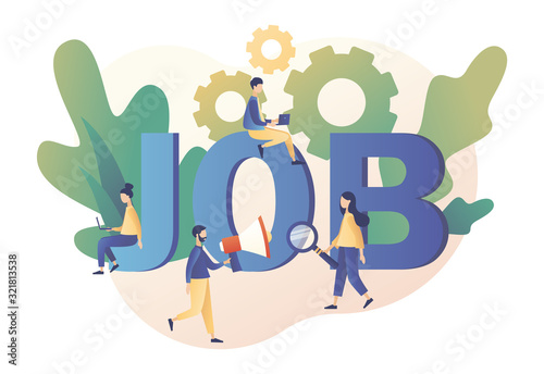 Job hiring and job search concept. Headhunting. We are Hiring. Tiny people interviewed for job. Modern flat cartoon style. Vector illustration on white background