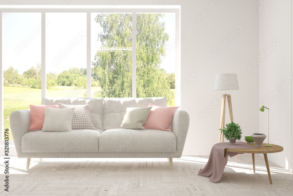 Stylish room in white color with sofa and summer landscape in window. Scandinavian interior design. 3D illustration Stylish room in white color with sofa and summer landscape in window. Scandinavian interior design. 3D illustration