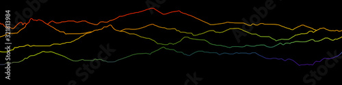 Colored curved lines on a black background, imitation of mountain ranges. Vector design, minimalism.