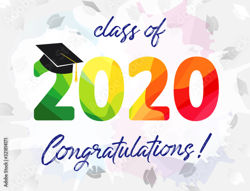 Class of 2020 year graduation banner, awards concept. Shining 3D sign, happy holiday invitation card. Isolated abstract graphic design template. Calligraphic text in brushing style, school background.