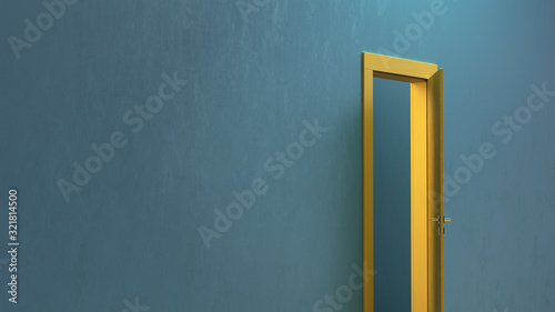 3d render the modern yellow wooden door open slightly in the blue wall.
