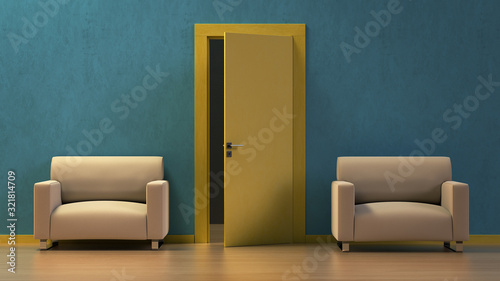 3d render the modern yellow wooden door open slightly in the blue wall and the two white chairs besides.