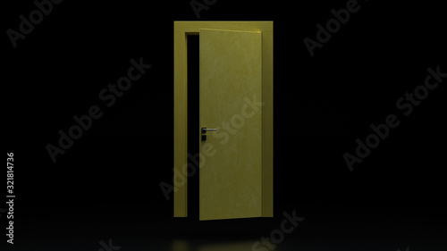 3d render the modern yellow wooden door open slightly in the black space.