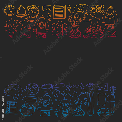 Vector pattern with back to school icons for posters  banners  covers. Kids  children education.