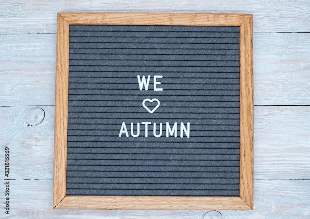 grey felt Board in a wooden frame with the text in English we love autumn. heart sign instead of the word love. blank for design. grey felt Board in a wooden frame with the text in English we love autumn. heart sign instead of the word love. blank for design.