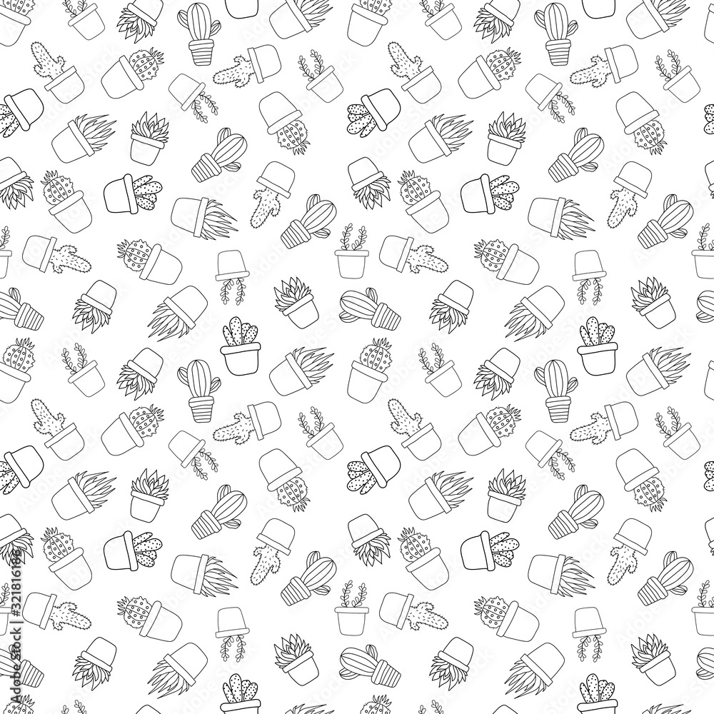 vector seamless pattern with housing indoor plants. simple vector illustration. outline of cactus plants in pots.