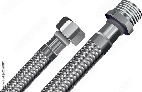 Hoses for water in a metal braid. Vector image on a white background.