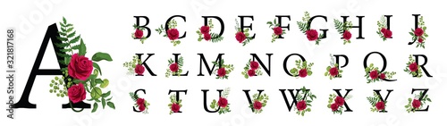 Collection romantic black letters with drawn watercolor leaves and red rose. Elegant alphabet for book design, brand name, wedding invitation thanks card on white background