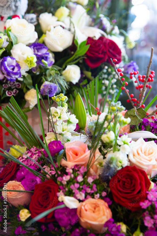 Bouquet with flower blossom. Floral background. Shallow depth photo. Soft toned colors.