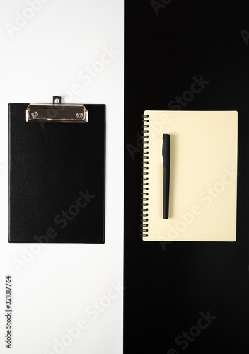 Desktop view from the top with stationery, Notepad, tablet, pen, business concept, environmental protection.