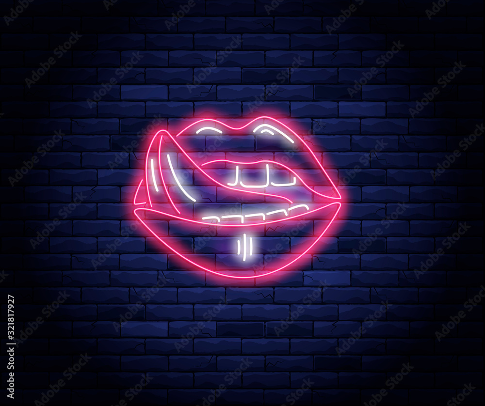 Beautiful female pink lips neon vector illustration. Brightly illuminated  neon sign of sexy woman lips and sticking out tongue. Light electric  playful banner glowing on background of bricks wall. Векторный объект Stock  |