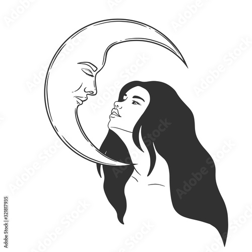 Vector silhouette of girl witch with long hair with stars and moon face