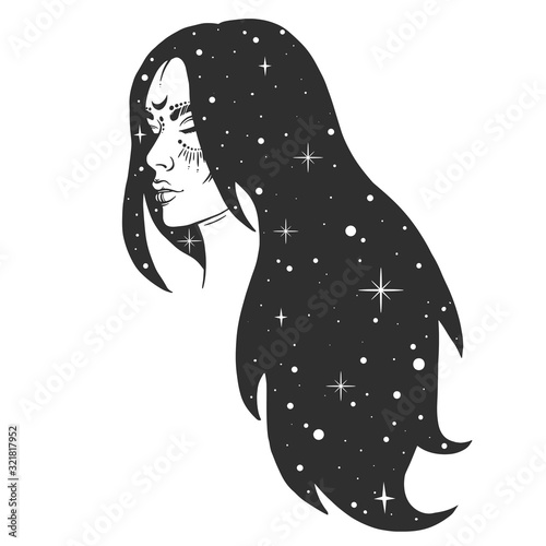 Vector silhouette of girl witch with long hair with stars