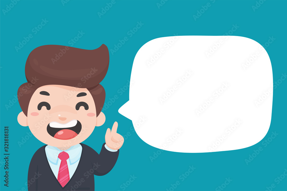 Vector cartoon businessman holding his finger up Suggest business ideas with blank text boxes.