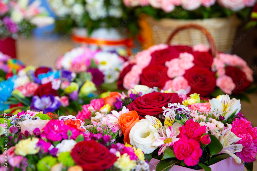 Obraz premium Bouquet with flower blossom. Floral background. Shallow depth photo. Soft toned colors.
