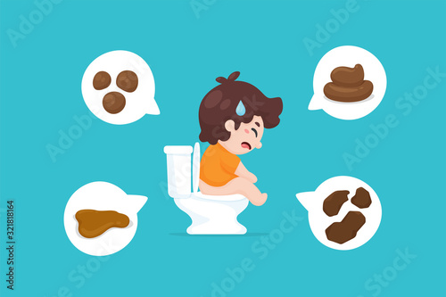 Vector cartoon boy sitting in the bathroom with pain in the stool because of constipation.