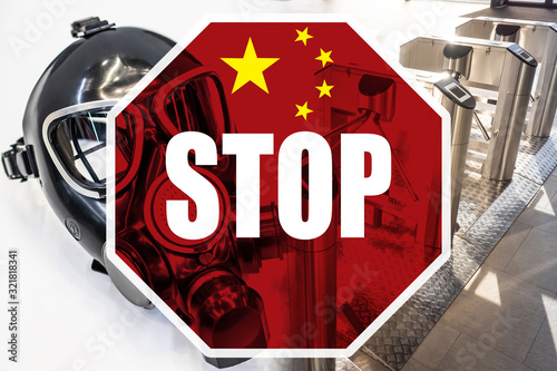 A STOP sign, flag of China,...