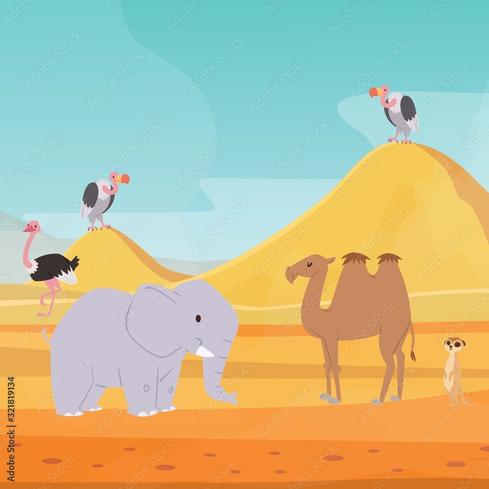 Fototapeta premium Africa desert landscape background with cartoon flat african animals and birds vector illustration for kids. Egypt hot dunes with africa camel, elephant, bald eagle and meerkat backdrop.