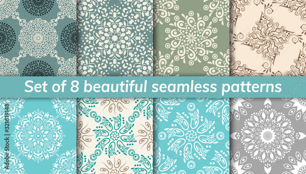 Pattern set arabic, indian, japanese, islamic motifs. Collection of 8 patterns. Mandala seamless pattern.