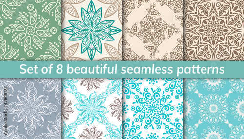 Pattern set arabic, indian, japanese, islamic motifs. Collection of 8 patterns. Mandala seamless pattern.