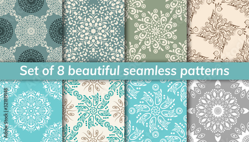 Pattern set arabic, indian, japanese, islamic motifs. Collection of 8 patterns. Mandala seamless pattern.