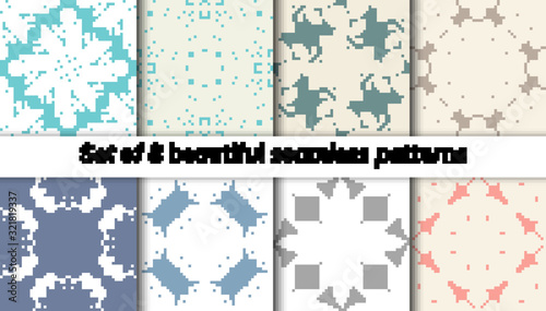 Pattern set arabic, indian, japanese, islamic motifs. Collection of 8 patterns. Mandala seamless pattern.