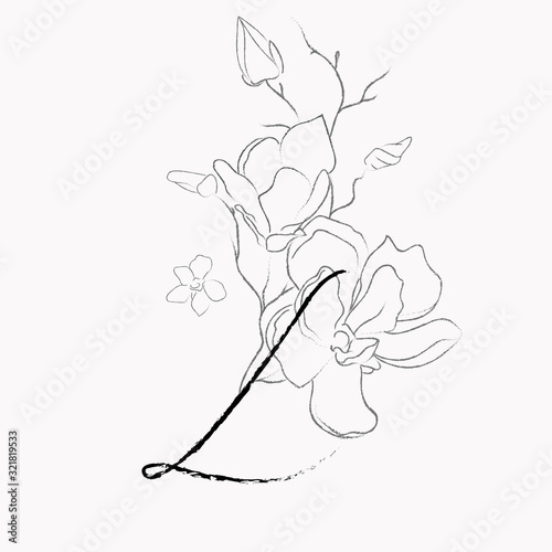 Handwritten Floral Logo Template. Line Drawing Monogram L with Magnolia Flower, Plants, Branches, Leaves. Design Element Vector Illustration. Branding. Wedding, photography, art, studio photo